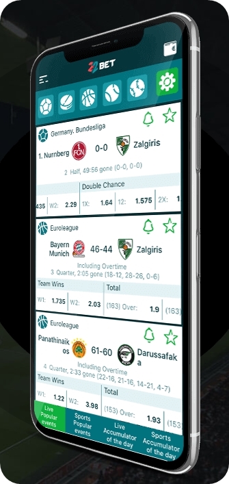 View of the 22bet sports betting app